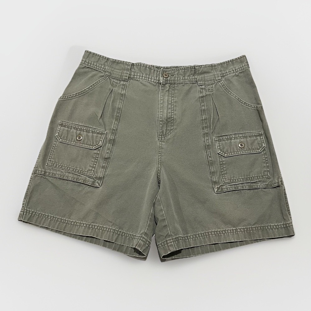 Cabelas Mens Olive Green 7 Pockets Utility Outdoor Hiking Cargo Canvas Shorts 36